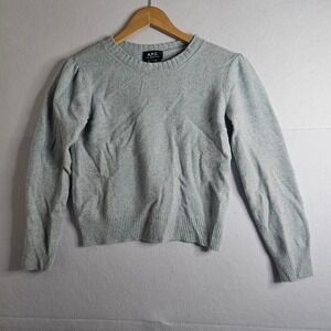APC Rue Madame Paris Wool Cotton Crewneck Sweater Light Blue Puff Shoulder Small